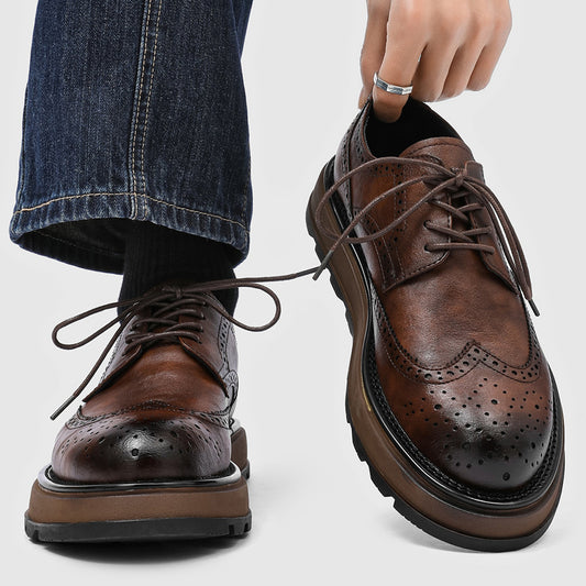 Men's Brown Brogue Thick Bottom Height Increasing British Retro Formal Men's Casual Leather Shoes