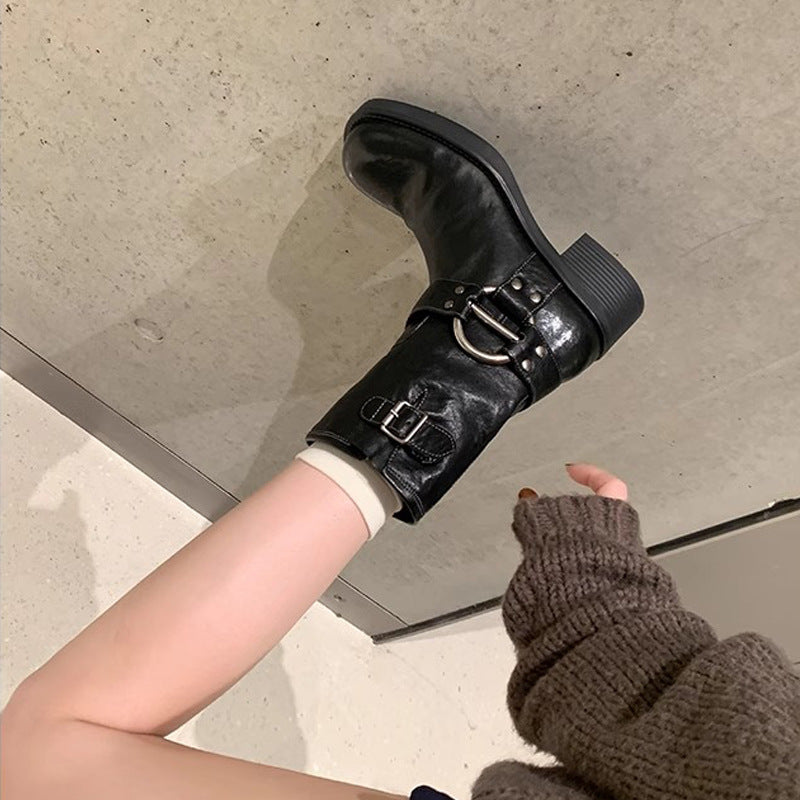 Grape Mom Punk Sweetheart Metal Buckle Round Toe Vintage Boots