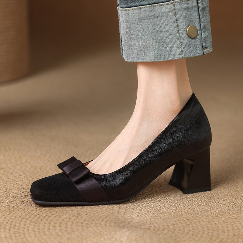 Women's Large Size Retro Square Toe Stitching Chunky Pumps Bow Men's Shoes