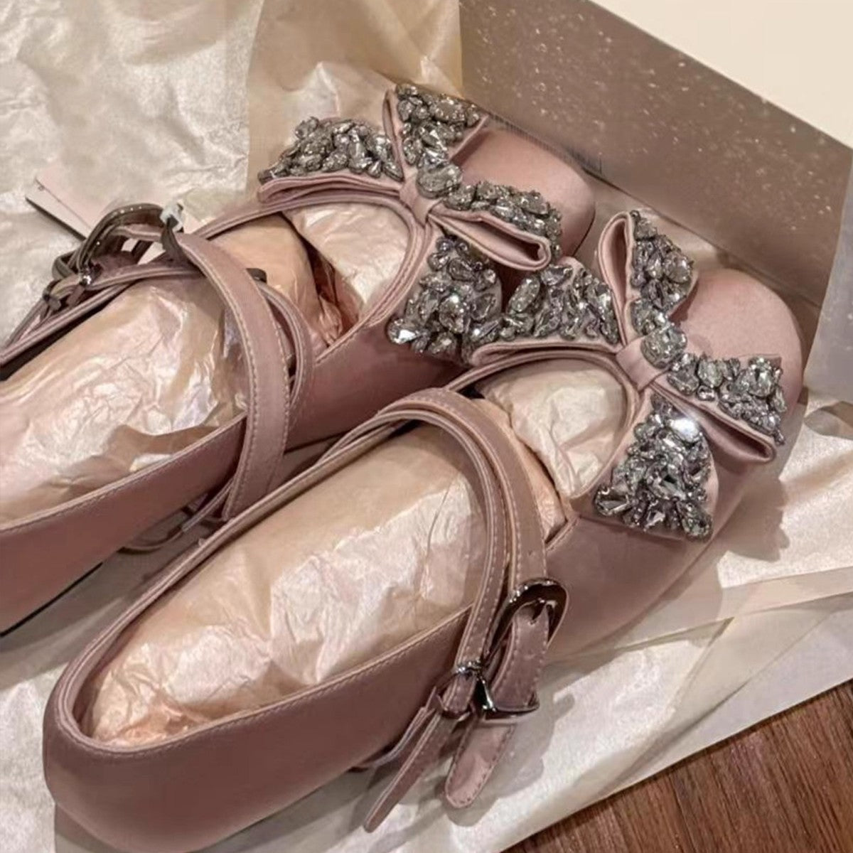 Women's Hidden Dress Flat Denim Rhinestone Strap Shallow Mouth Mary Women's Fashion Shoes