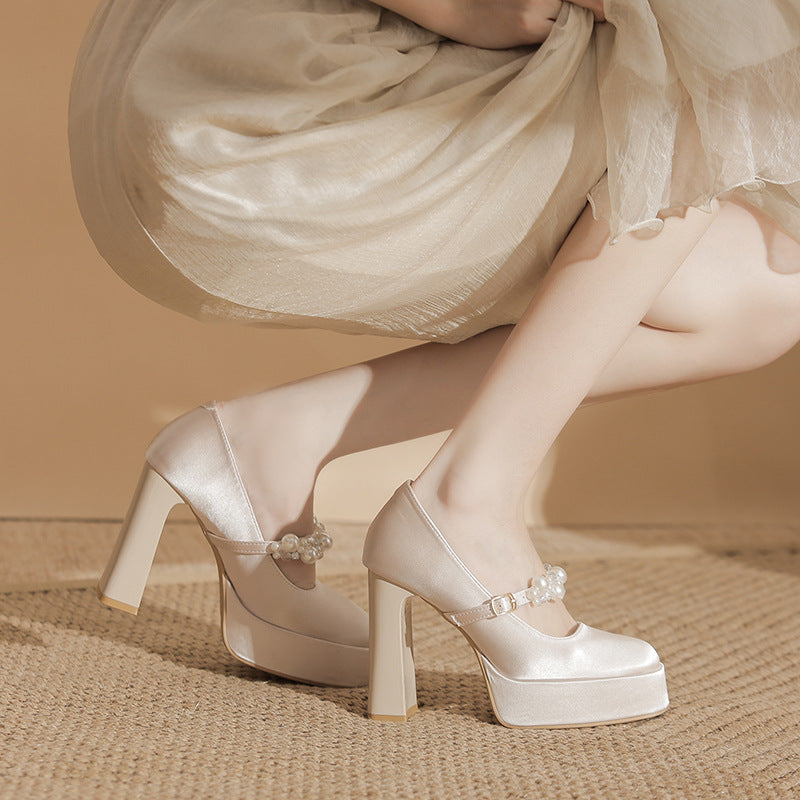 Women's Waterproof Platform High Banquet Satin French Mary Heels
