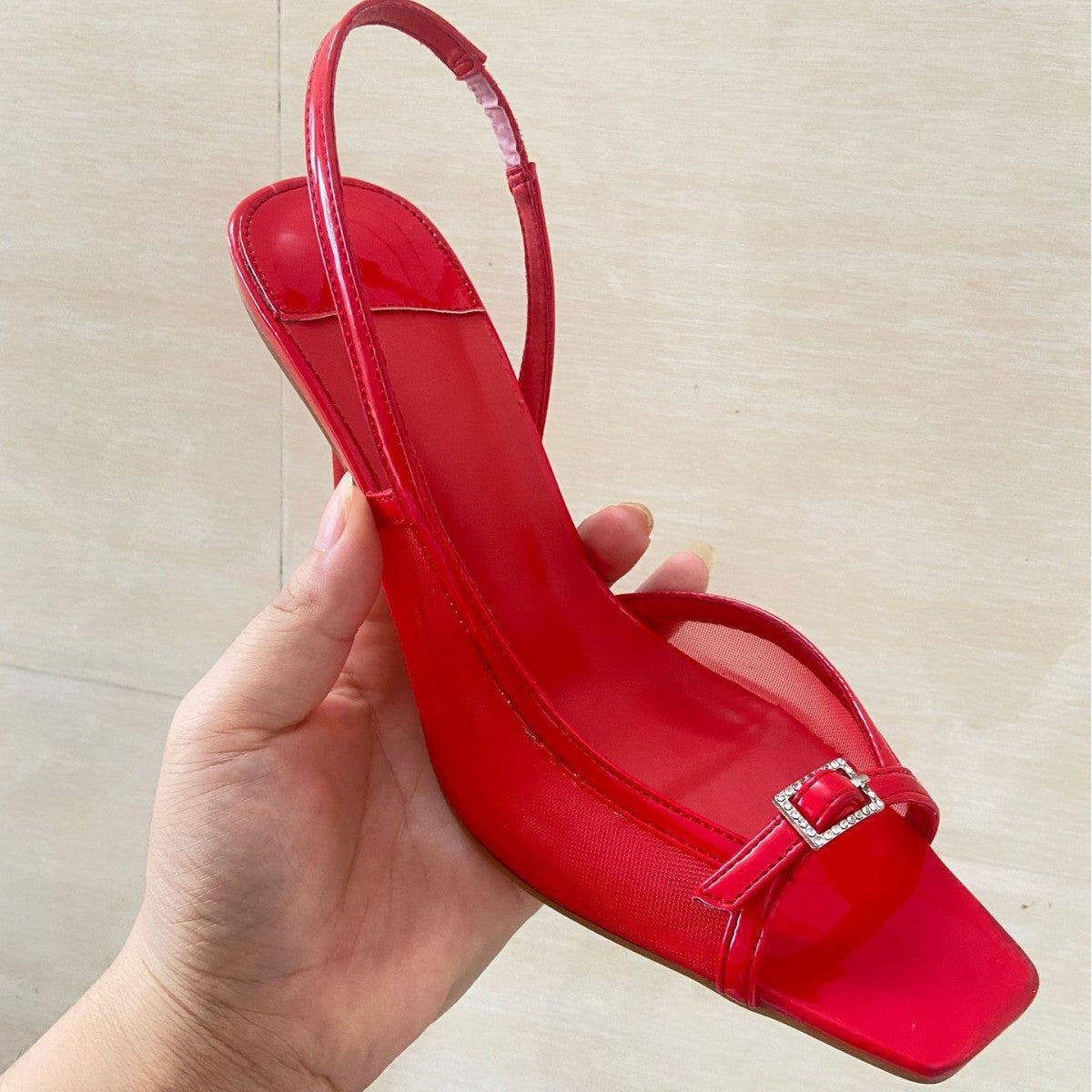 Women's Retro Square Toe Buckle Open Red Mesh One Strap French High Heeled Sandals