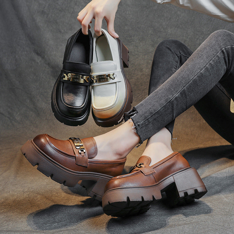 Women's Layer Cowhide Authentic Platform Thick Bottom Casual Shoes