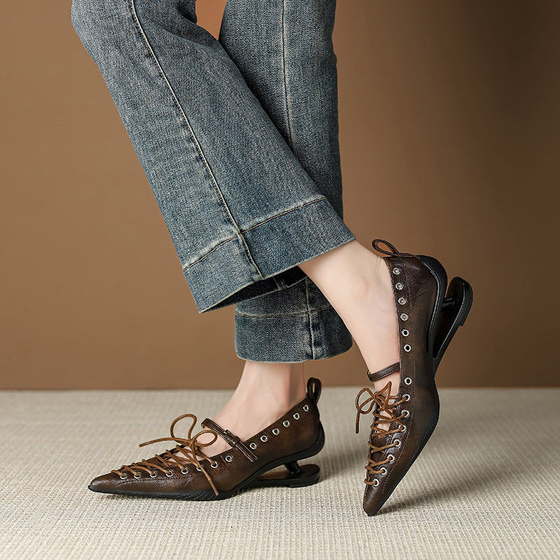 Women's Niche Pointed Toe Abnormal Shape High Strap Bow Mary Jane Women's Fashion Shoes