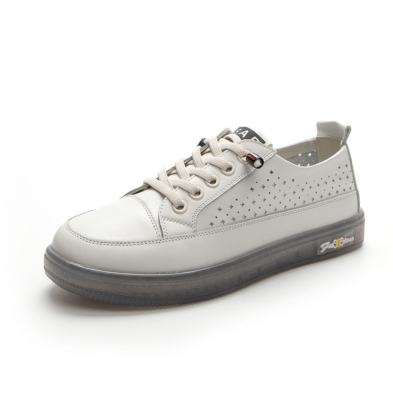 Women's Layer Cowhide Plus Size White Soft Sole Hollow Casual Shoes