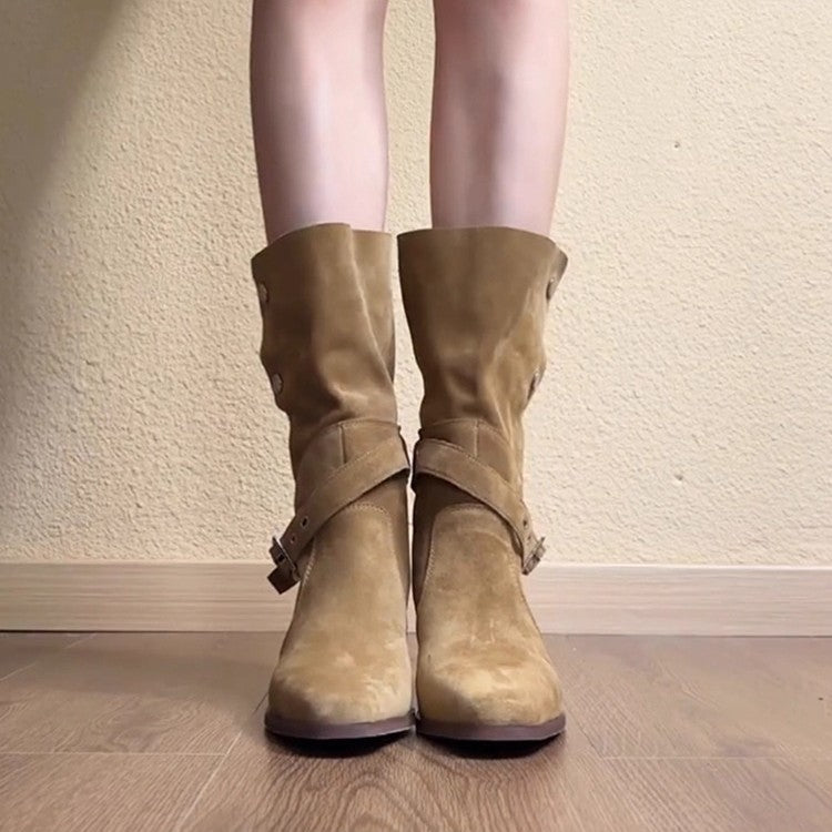 Women's Below The Knee Pile Style Chunky Knight Pleated Western Women's Leather Boots