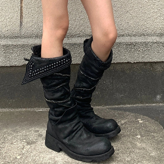 Round Head Chunky Western Cowboy Female Rivet Women's Leather Boots