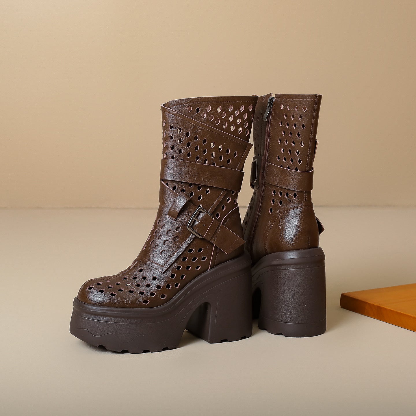 Women's High-rise Summer Martin Thick-soled Breathable Thin Retro Brown Women's Leather Boots