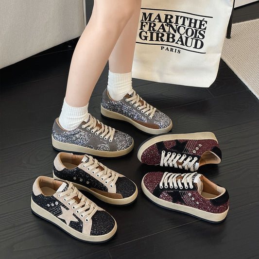 Women's Her Sequins Golden Goose Autumn Distressed Star Round Toe Women's Casual Shoes
