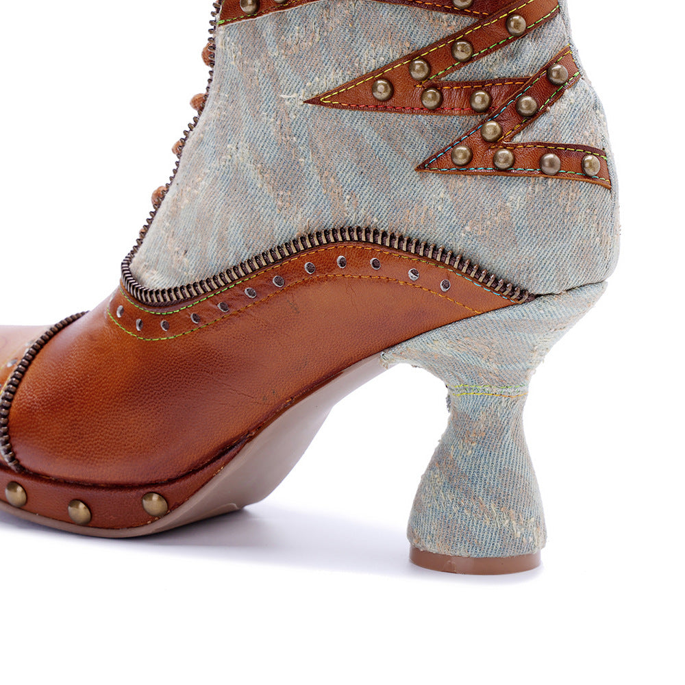 Women's Hand-rub Color Stitching Locomotive Rivet Tie Women's Leather Boots
