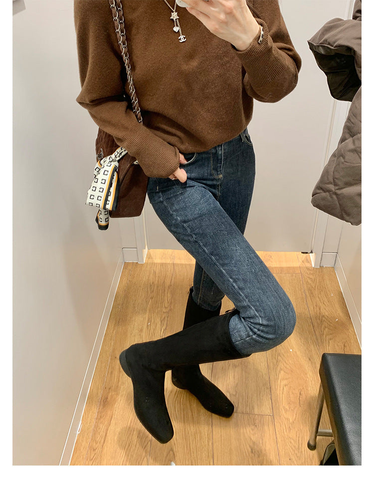 Women's Height Increasing Insole Suede High Slimming Tall Stretch Retro Women's Leather Boots