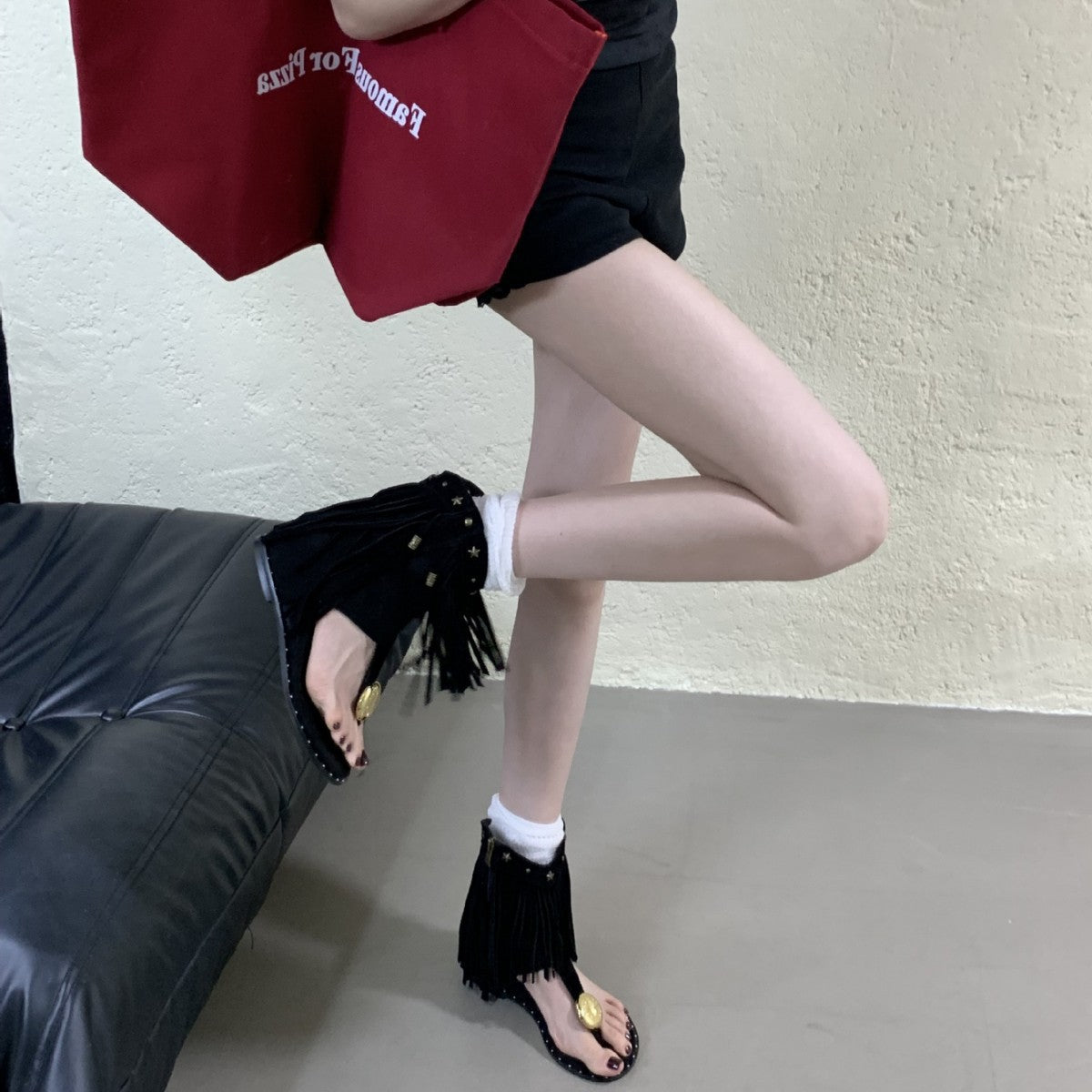 Women's Rivets Flip-flops Summer Height Increasing Insole Women's Leather Boots