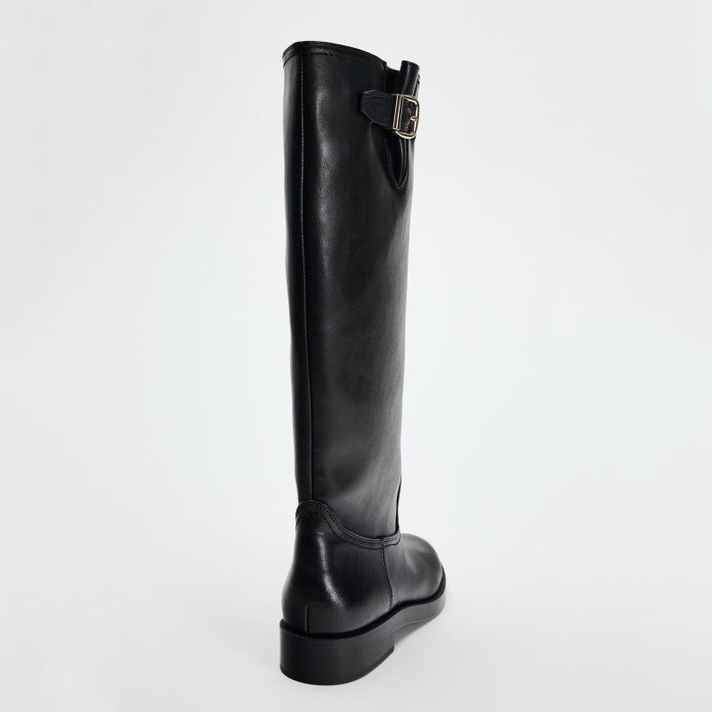 Round Head Chunky Pants British Style Buckle Decoration Knight Flat Boots