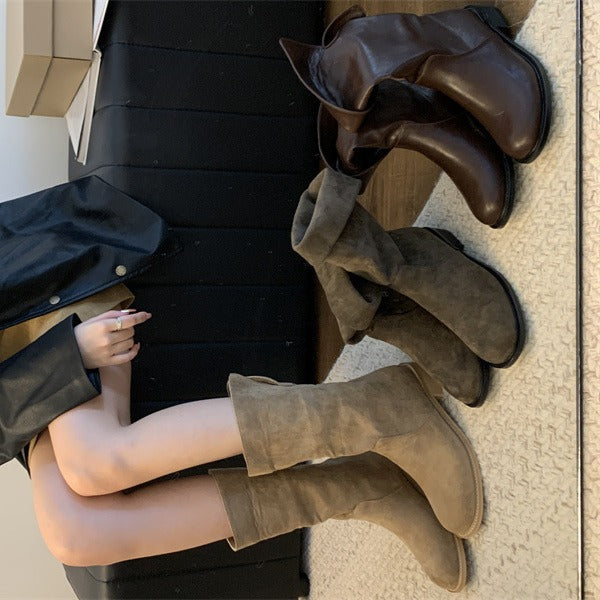 Thick Low Knight Korean Style Fashionable Round Toe Women's Leather Boots