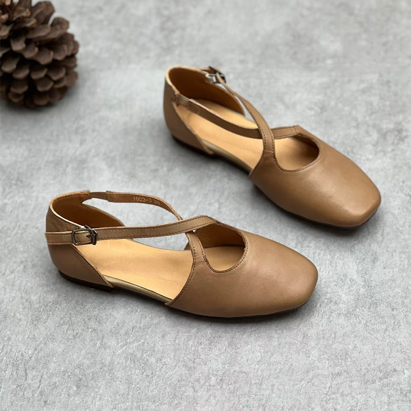 Women's Genuine Cross Mori Style Artistic Square Toe Temperament Wild Flat Women's Casual Shoes