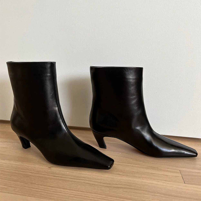 Women's Style Skinny Square Toe Stiletto Ankle Cat Women's Leather Boots