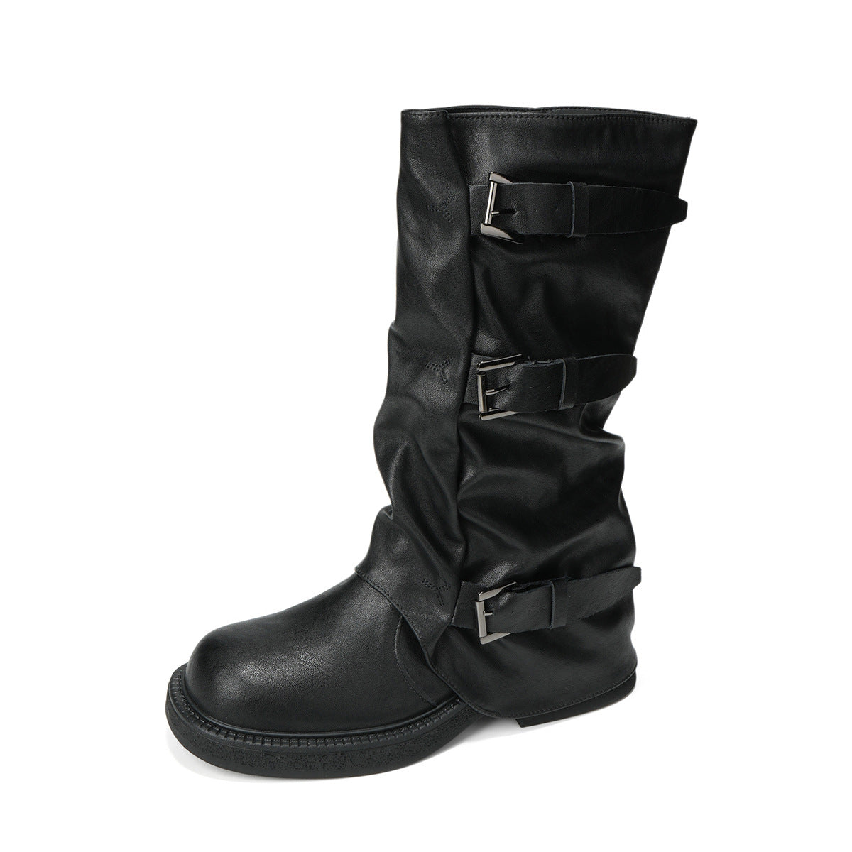 Women's Version Belt Buckle Pleated Platform Middle Boots