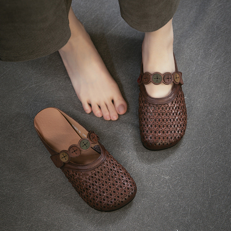 Women's First Layer Cowhide Outer Wear Hollow Breathable Flat Slippers