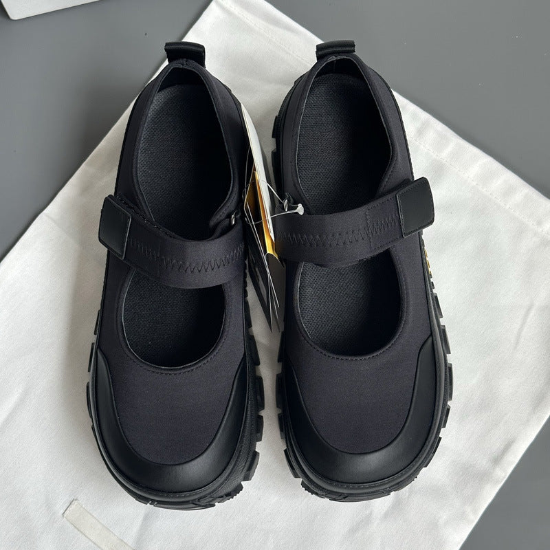 Thick Bottom Mary Jane Little Man Gospel Black Velcro Outdoor Women's Casual Shoes