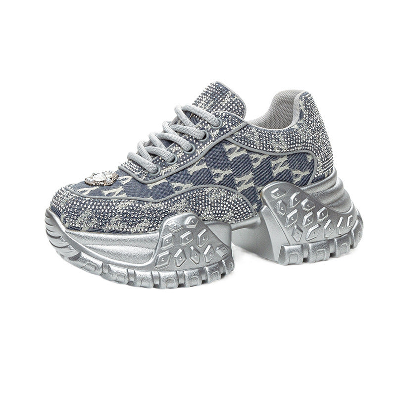 Women's Dad Platform Height Increasing Rhinestone Denim Korean Fashion Street Women's Sports Shoes