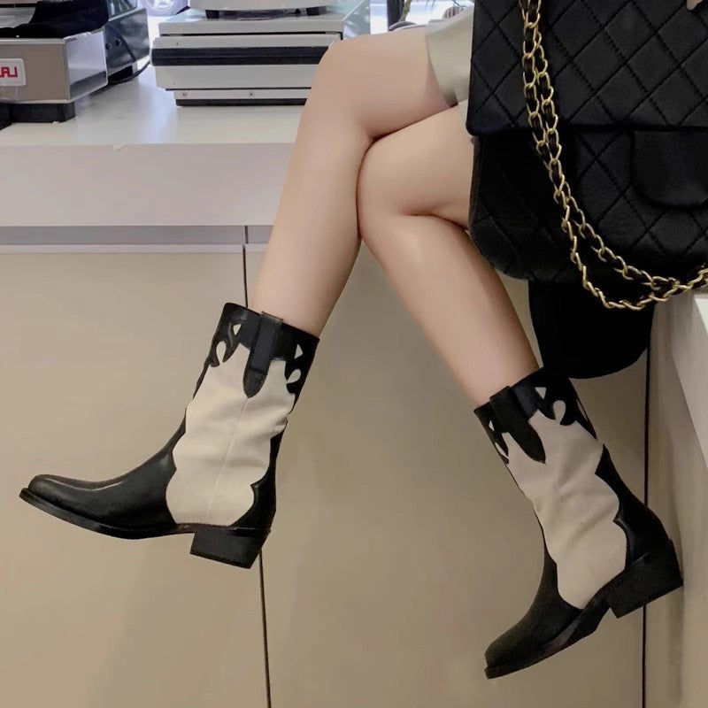 Women's Western Cowboy Retro Ankle Chunky Sleeve Pointed Women's Leather Boots