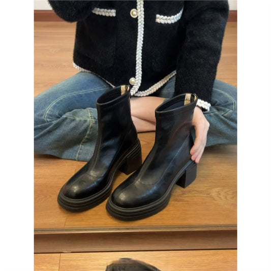 High Skinny Ankle Female Square Toe Rear Zipper Martin Women's Leather Boots