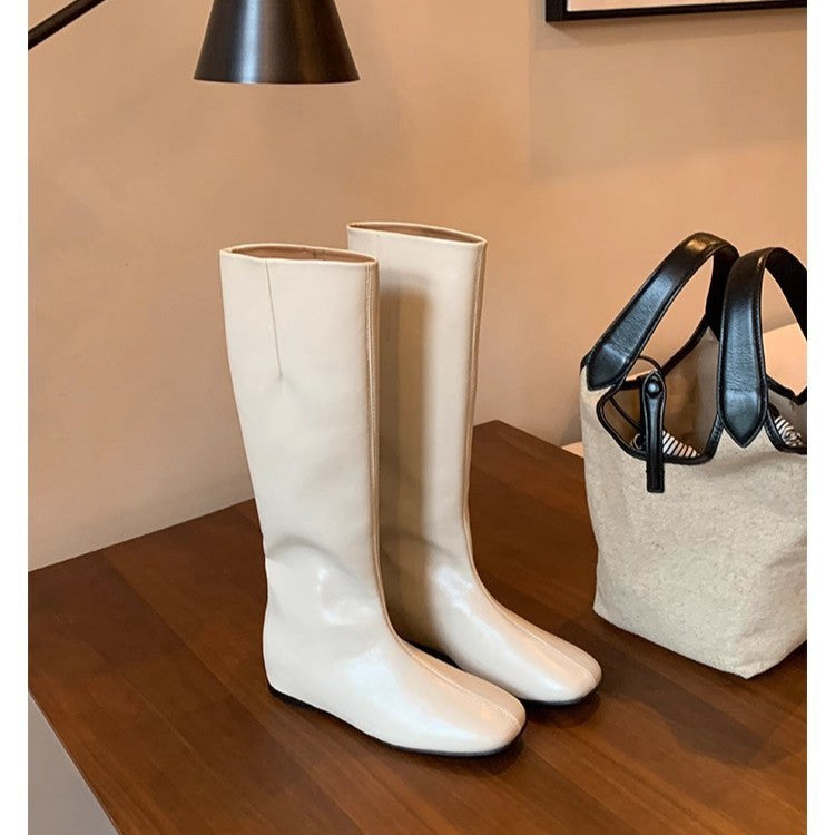 Mom Height Increasing Insole Flat Soft Skinny Long Women's Leather Boots
