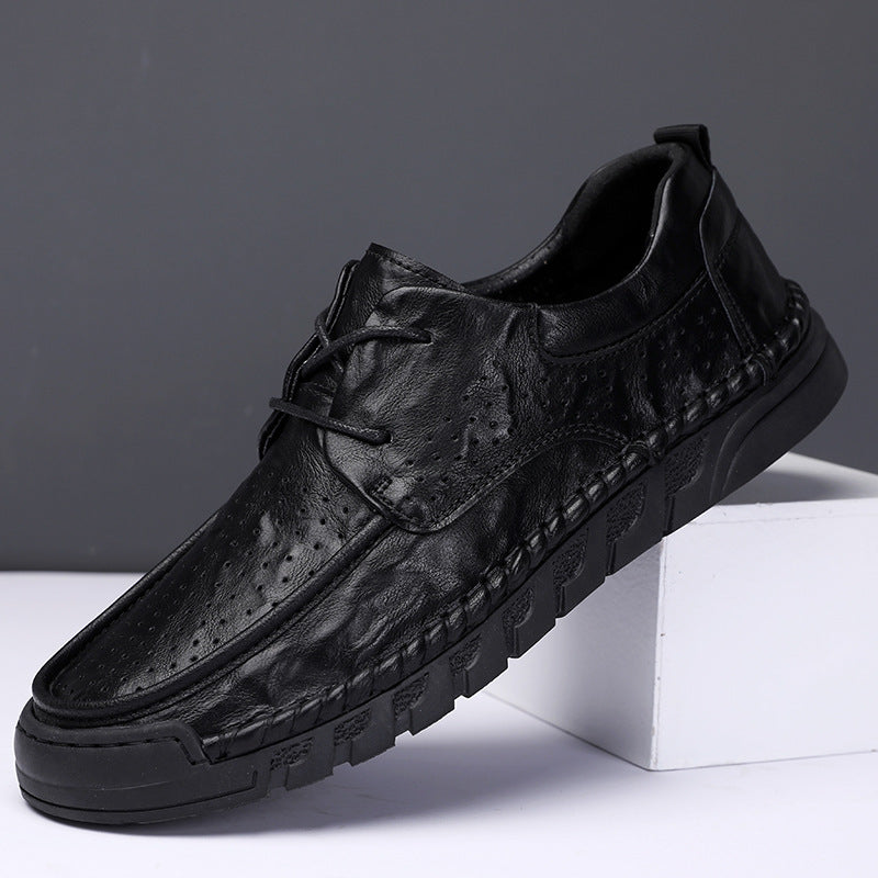 Men's Handmade Stitching Business Round Head Soft Bottom Hollow Punch Men's Casual Leather Shoes