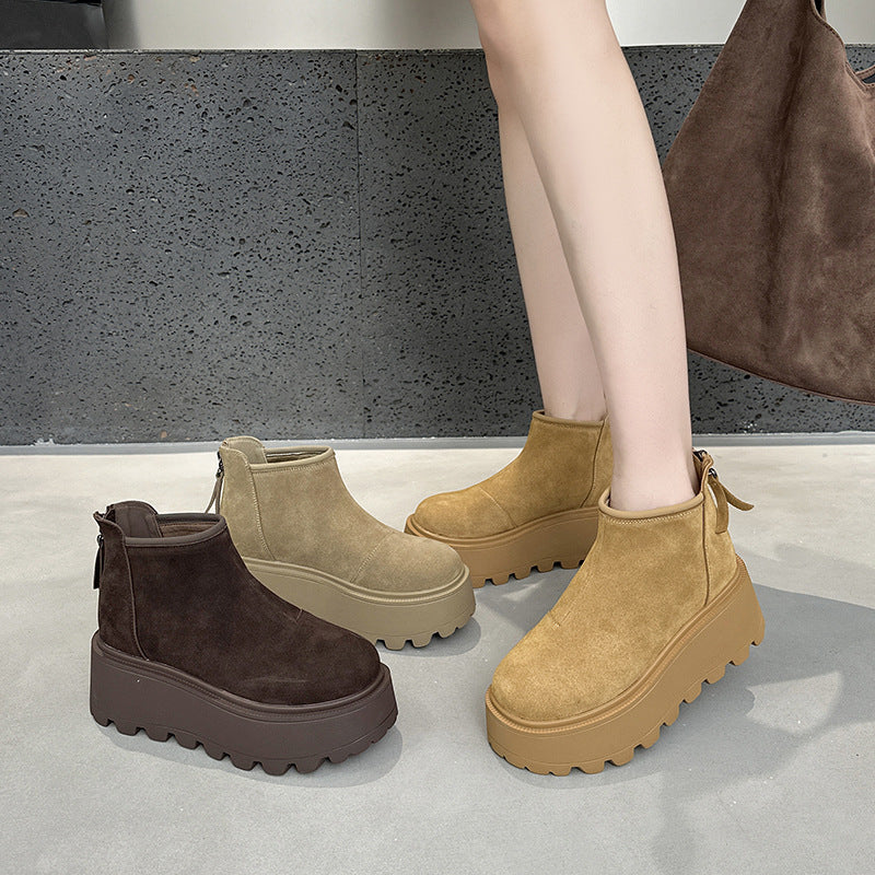 Women's Cow Suede Platform Ankle Early Autumn Matte Hidden High-grade Retro Women's Leather Boots