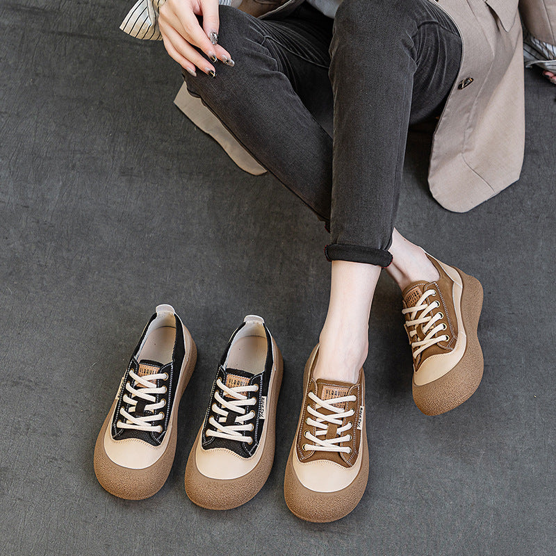 Women's Layer Cowhide Big Head Autumn Retro Color Matching Flat-heeled Casual Shoes