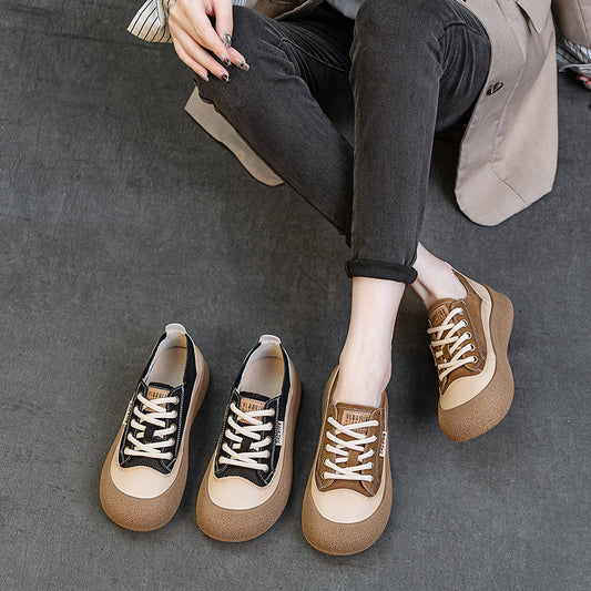 Women's Layer Cowhide Big Head Autumn Retro Color Matching Flat-heeled Casual Shoes