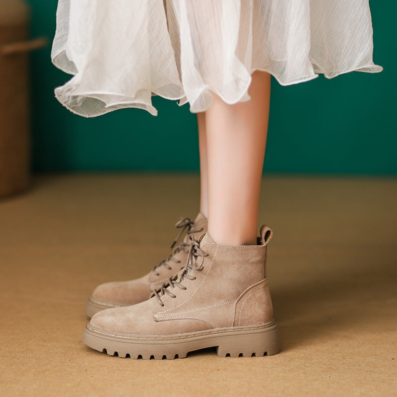 Women's Frosted Genuine British Style Mid Martin Flat Women's Leather Boots