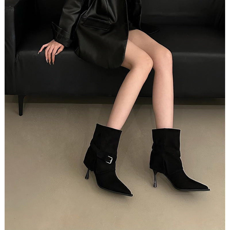 Women's Vintage Belt Buckle Pointed Toe For Stiletto French Style Suede Women's Leather Boots