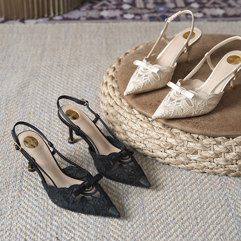 Style Temperament Bowknot Embroidered Lace Pointed Toe Stiletto Back Trip High Heeled Sandals