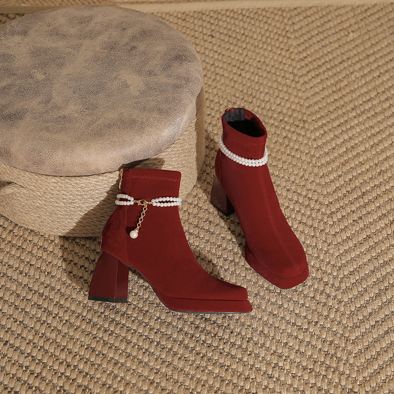 Women's Pearl Suede Burgundy Square Toe Skinny Wedding French Boots