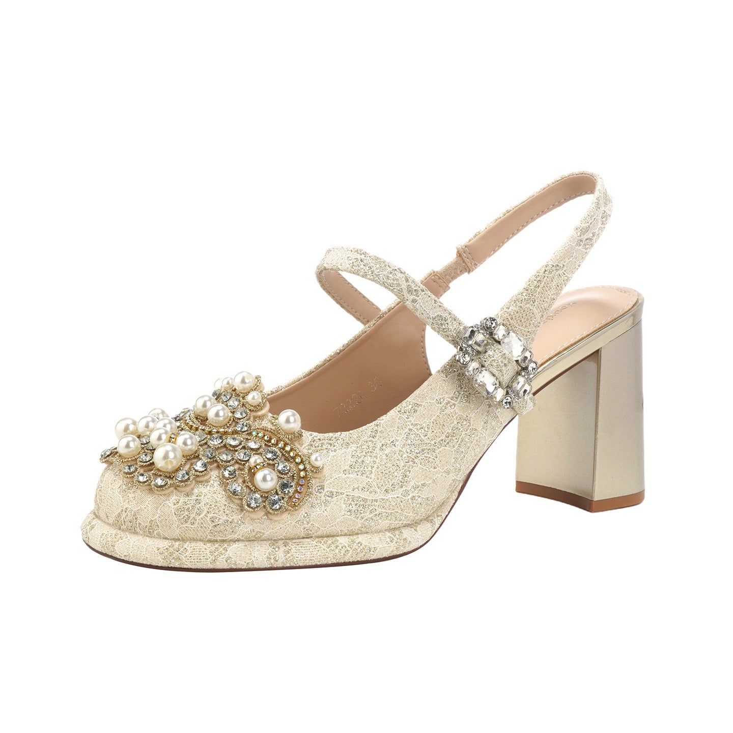 Wedding Pearl Rhinestone Chunky Square Toe Back Empty Light Luxury Heels