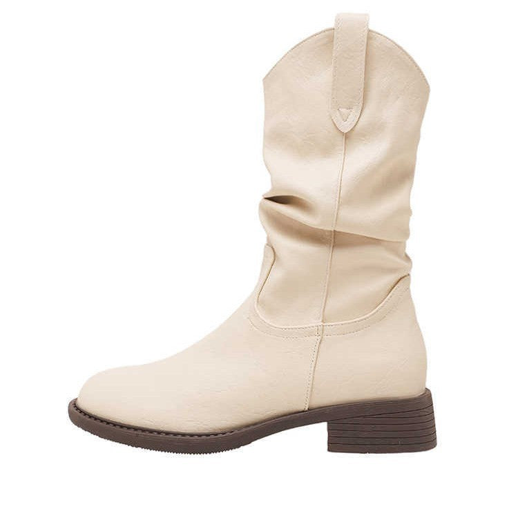 Women's Retro White Ankle Chunky Pleated Pile Style Hight Increasing Women's Leather Boots