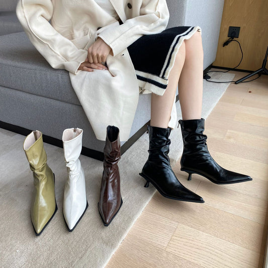 Women's Korean Patent Winter Thin Pointed Toe Fashion Low Boots