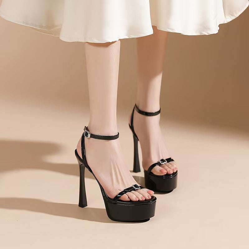 Women's Sexy Strap Stiletto Buckle Black Round Heels