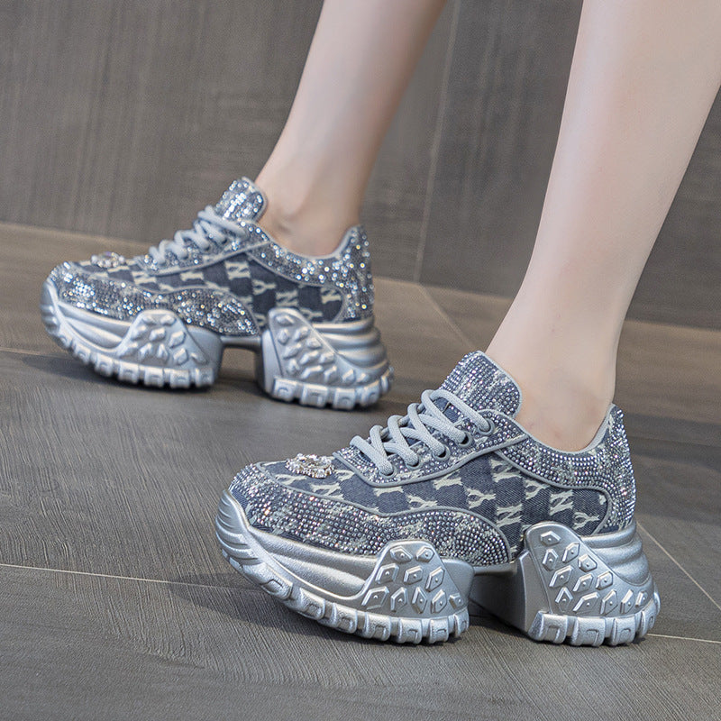 Women's Dad Platform Height Increasing Rhinestone Denim Korean Fashion Street Women's Sports Shoes