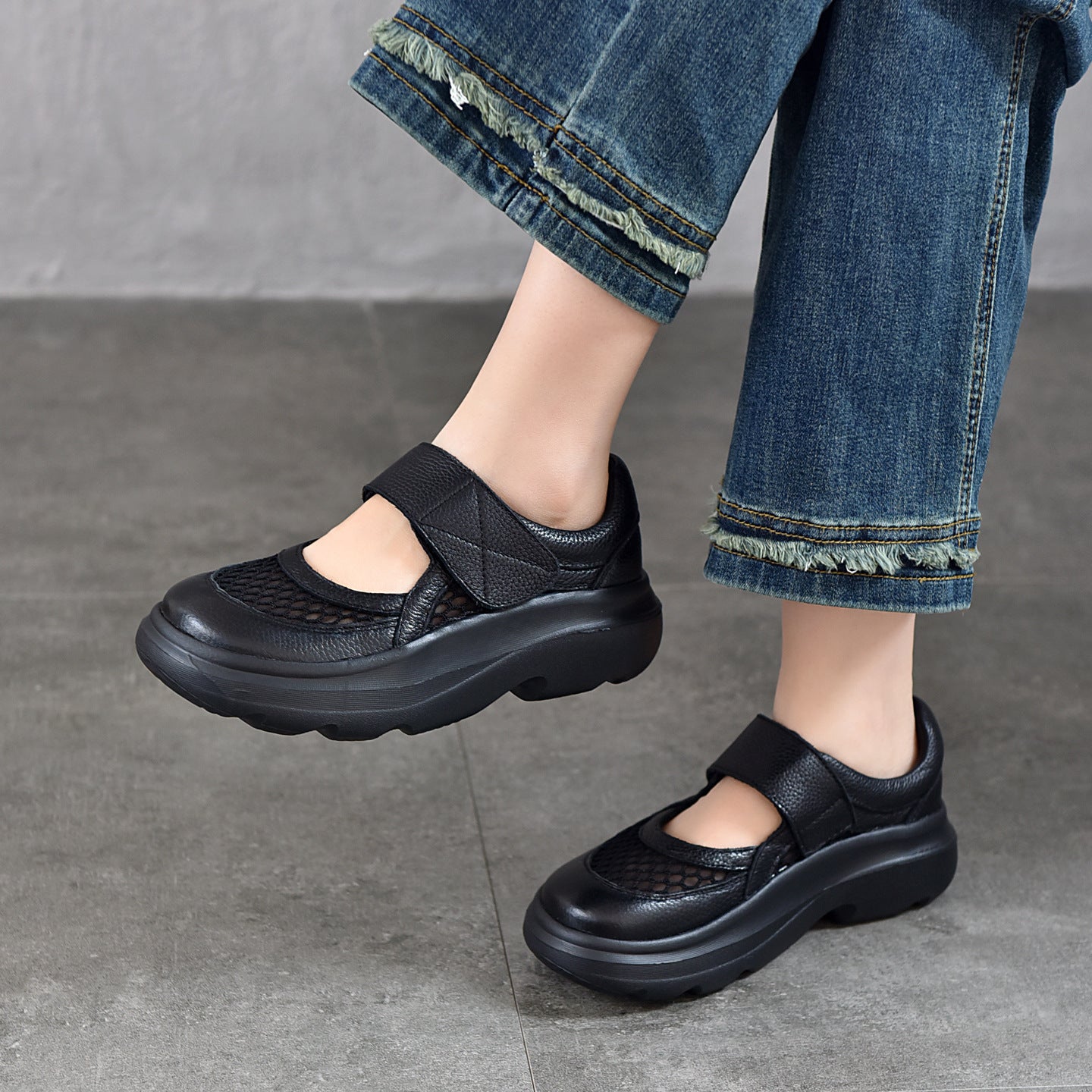 Women's Top Layer Cowhide Platform Sports Leisure Mary Jane Mesh Shallow Women's Casual Shoes
