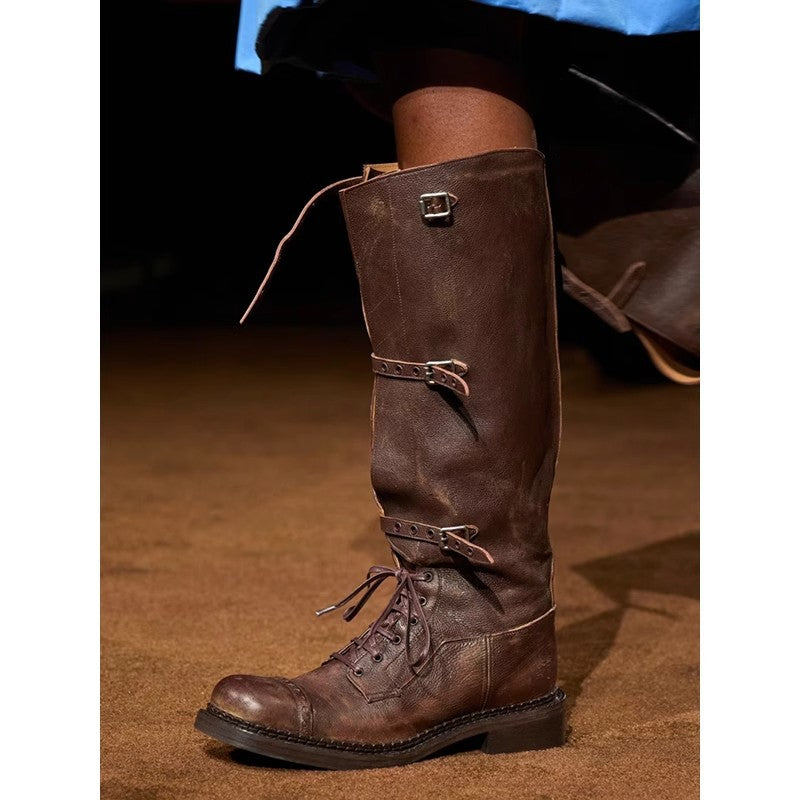 Women's Buckle Below The Knee Retro Lace Boots