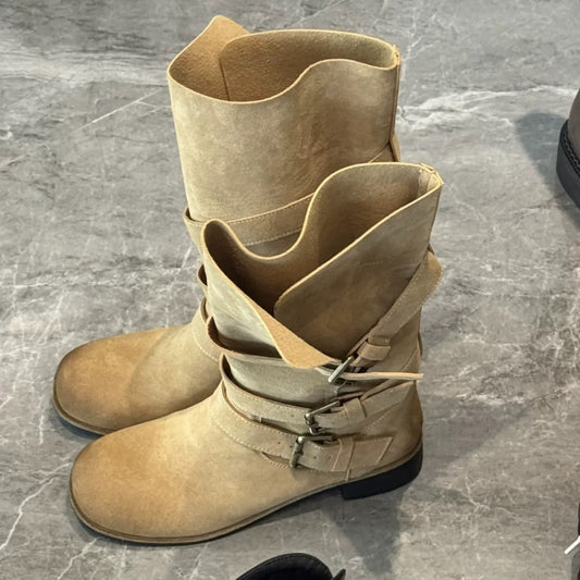 Women's Polished Belt Buckle Round Toe Martin For Thick Folding Women's Leather Boots