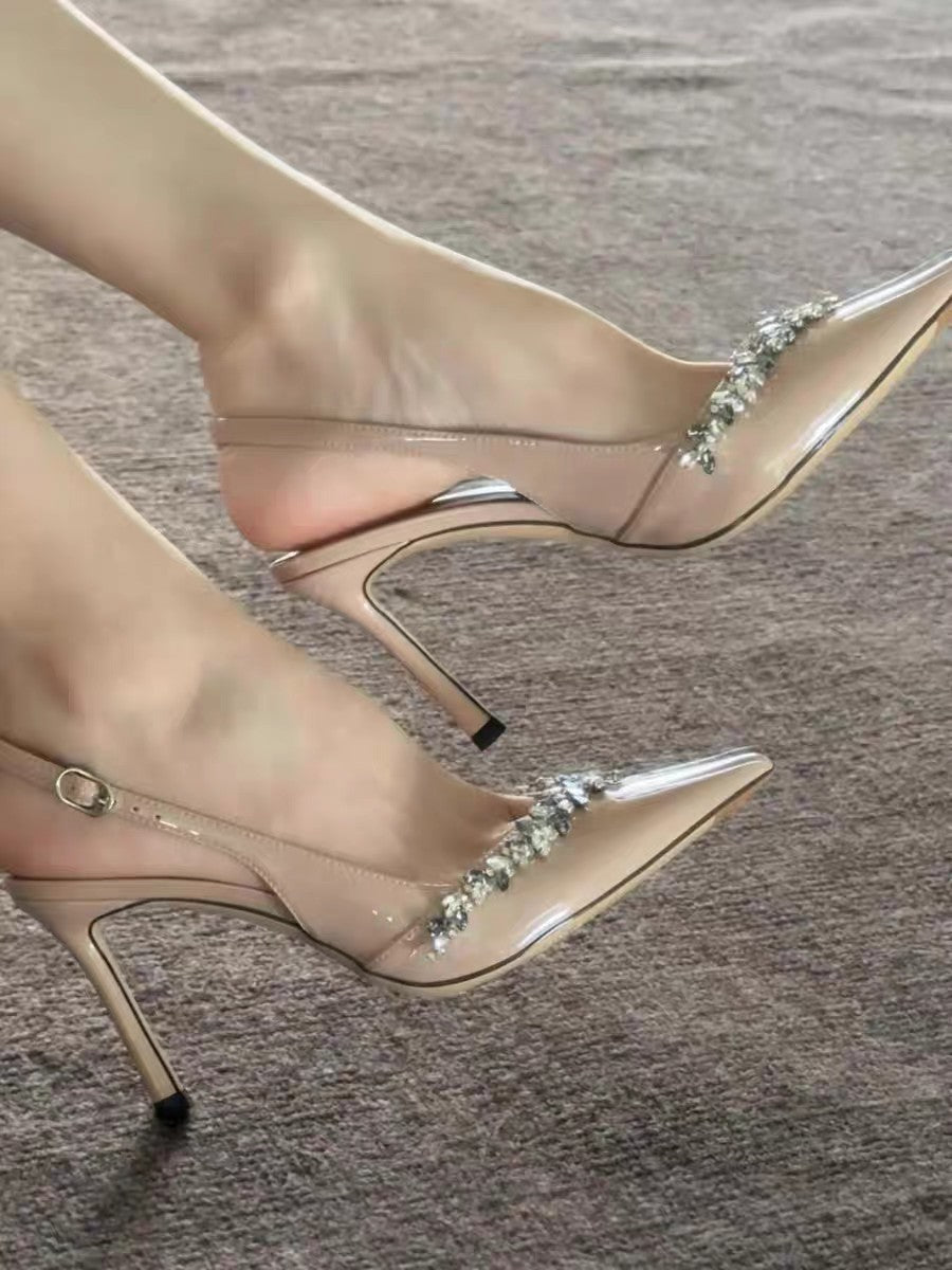 Women's One Strap Nude Color Rhinestone High Heels