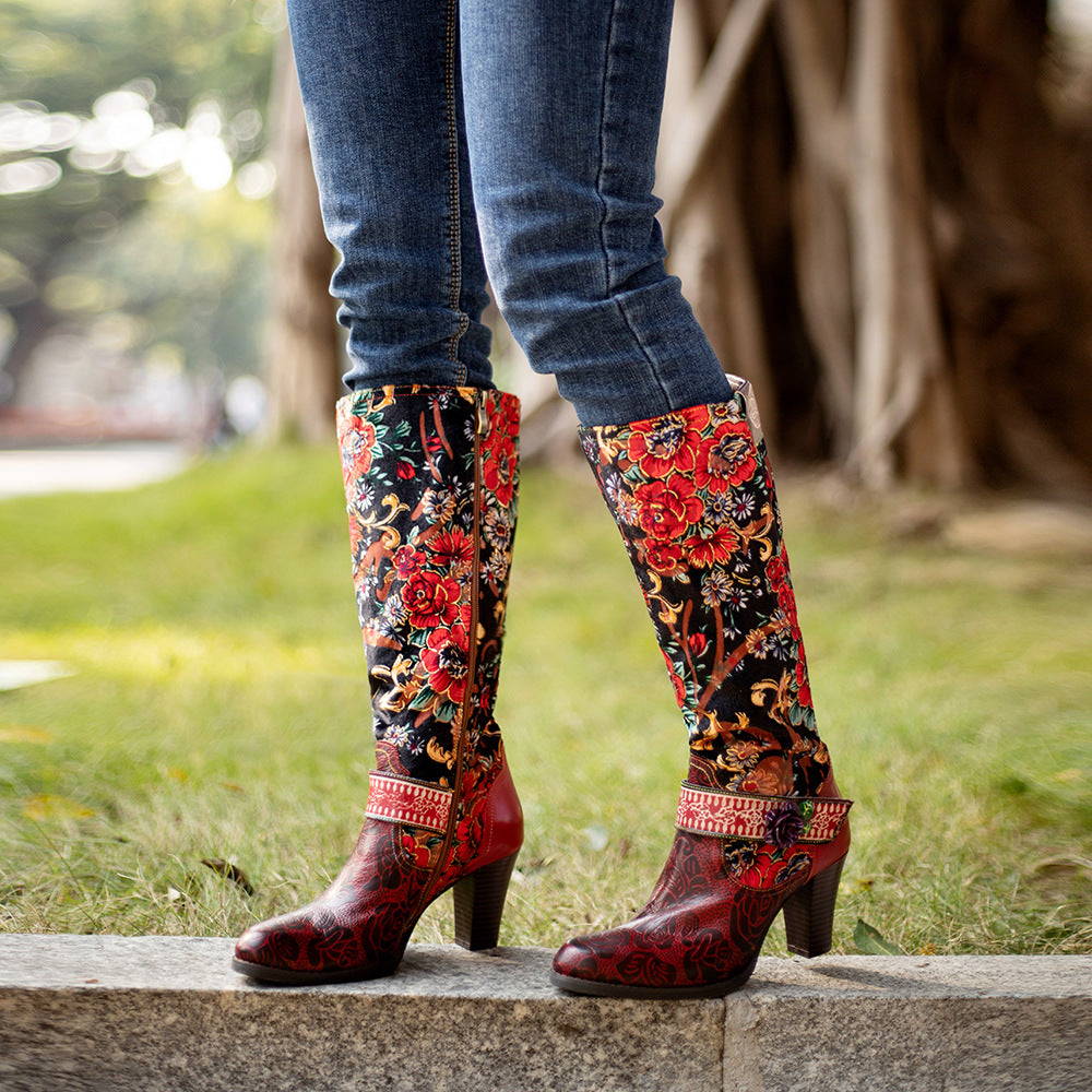 Women's Old Retro Style Three-dimensional Flower Warm Knee-high Women's Leather Boots