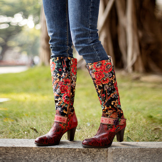 Women's Old Retro Style Three-dimensional Flower Warm Knee-high Women's Leather Boots