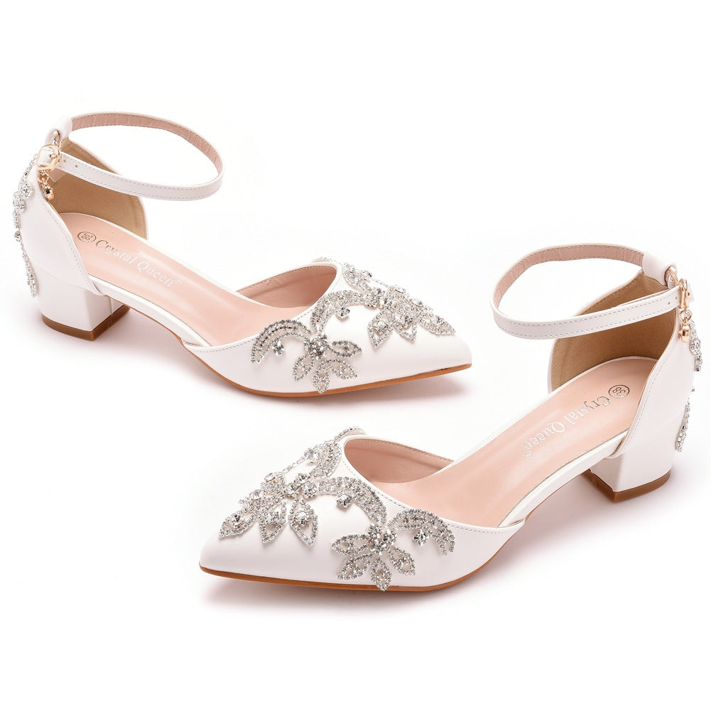 Women's Chunky Pointed Toe Square Root Rhinestone Wedding Heels