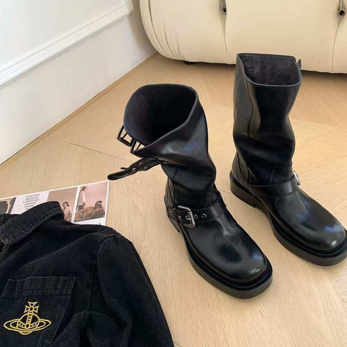 Women's Slimming Buckle Ankle For Raise The Bottom Skinny Women's Leather Boots