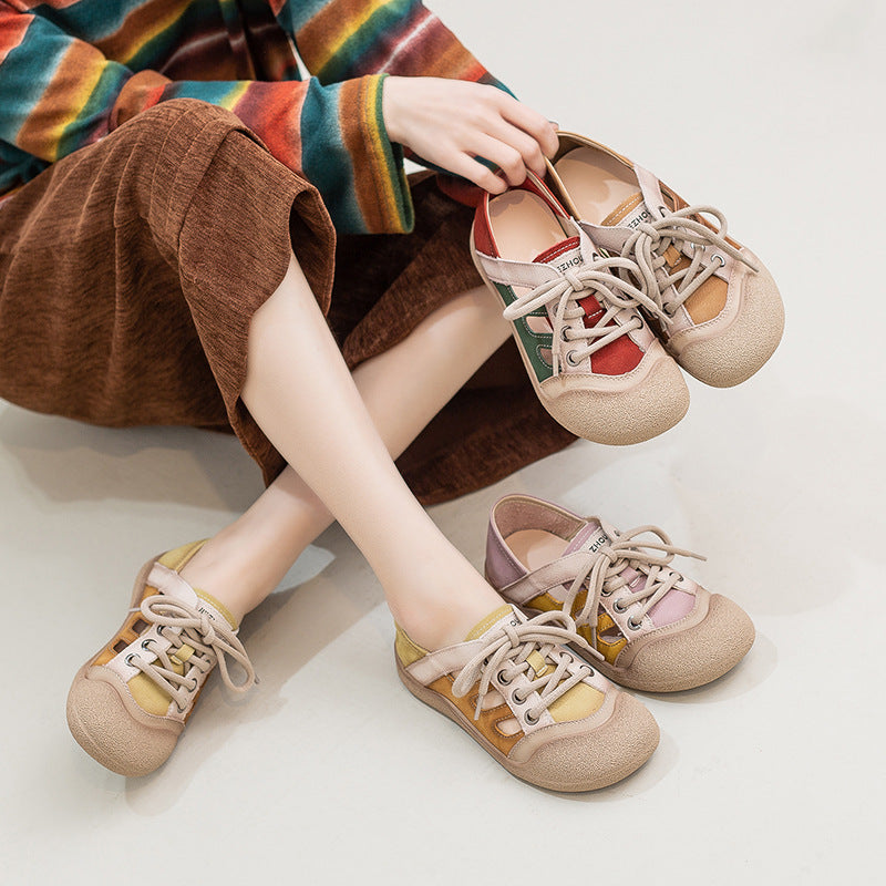 Women's Artistic Retro First Layer Cowhide Hollow Front Commuter Color Matching Women's Casual Shoes