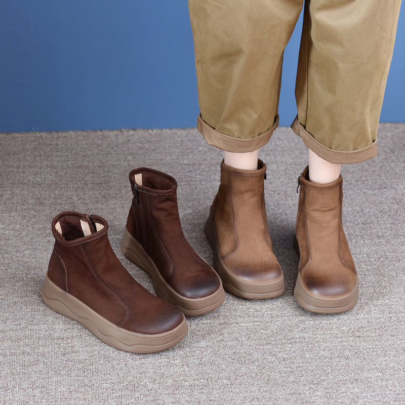 Women's Layer Cowhide Vintage Soft Bottom Fleece-lined Boots